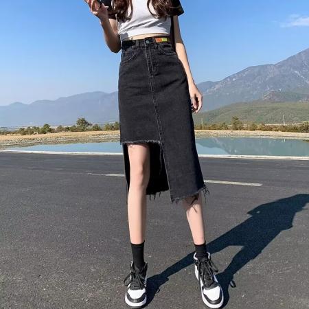 BY13129# 开叉乔小主牛仔裙半身裙女夏季新款高腰分叉中长款包臀裙长裙 服裝批發女裝批發服飾貨源