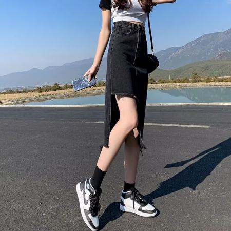 BY13129# 开叉乔小主牛仔裙半身裙女夏季新款高腰分叉中长款包臀裙长裙 服裝批發女裝批發服飾貨源