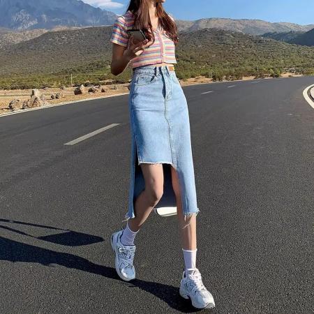 BY13129# 开叉乔小主牛仔裙半身裙女夏季新款高腰分叉中长款包臀裙长裙 服裝批發女裝批發服飾貨源