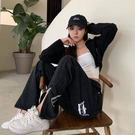 BY13130# 刺绣牛仔潮牌乔小主街头涂鸦长裤青年宽松直筒裤春夏拖地休闲裤 服裝批發女裝批發服飾貨源