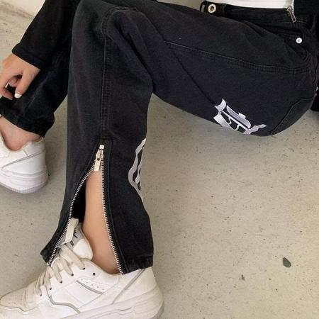 BY13130# 刺绣牛仔潮牌乔小主街头涂鸦长裤青年宽松直筒裤春夏拖地休闲裤 服裝批發女裝批發服飾貨源