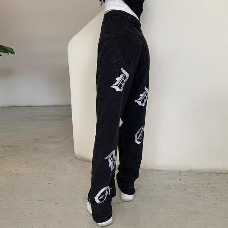 BY13130# 刺绣牛仔潮牌乔小主街头涂鸦长裤青年宽松直筒裤春夏拖地休闲裤 服裝批發女裝批發服飾貨源