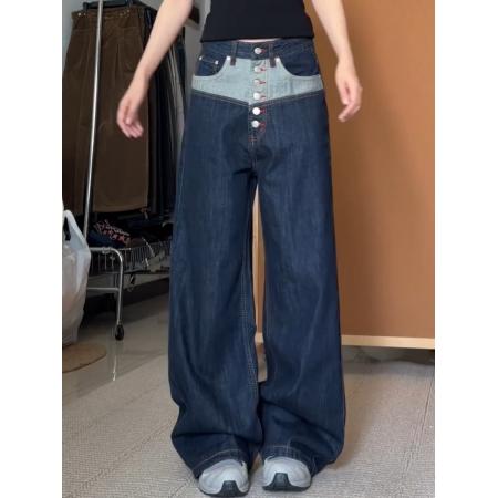 BY13131# 美式复古拼接红边排扣牛仔裤男女春夏高街设计感宽松直筒休闲长裤 服裝批發女裝批發服飾貨源