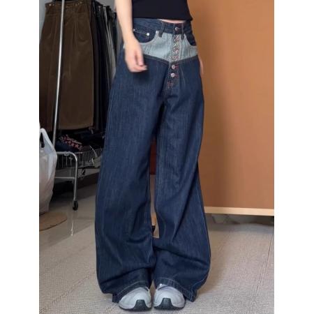 BY13131# 美式复古拼接红边排扣牛仔裤男女春夏高街设计感宽松直筒休闲长裤 服裝批發女裝批發服飾貨源