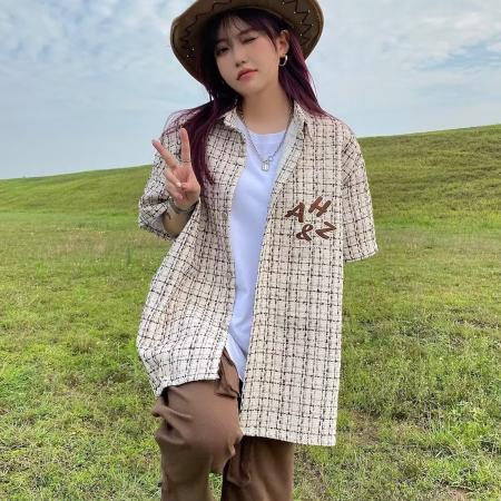 BY13134# 复合面料衬衫格子正大衬衣女春秋夏宽松休闲气质长袖百搭上衣潮 服裝批發女裝批發服飾貨源