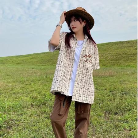 BY13134# 复合面料衬衫格子正大衬衣女春秋夏宽松休闲气质长袖百搭上衣潮 服裝批發女裝批發服飾貨源