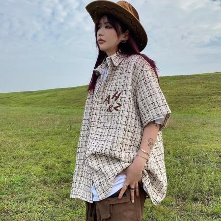 BY13134# 复合面料衬衫格子正大衬衣女春秋夏宽松休闲气质长袖百搭上衣潮 服裝批發女裝批發服飾貨源