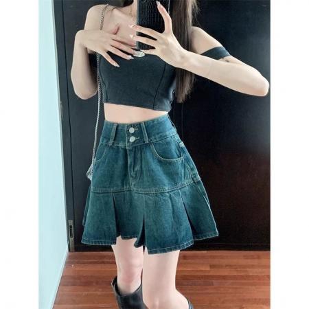 BY13136# 高腰复古百褶牛仔半身裙女夏季遮肚显瘦设计感小众a字短裙子 服裝批發女裝批發服飾貨源