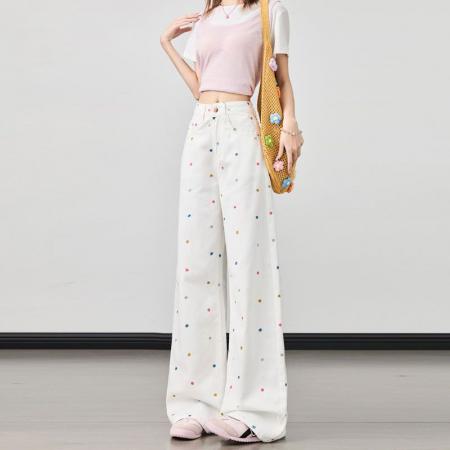 BY13137# 多巴胺胖mm高腰春夏季白色刺绣阔腿牛仔裤女宽松显瘦拖地直筒裤 服裝批發女裝批發服飾貨源