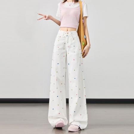 BY13137# 多巴胺胖mm高腰春夏季白色刺绣阔腿牛仔裤女宽松显瘦拖地直筒裤 服裝批發女裝批發服飾貨源
