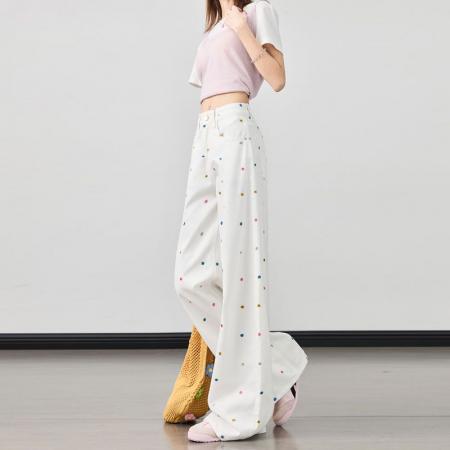BY13137# 多巴胺胖mm高腰春夏季白色刺绣阔腿牛仔裤女宽松显瘦拖地直筒裤 服裝批發女裝批發服飾貨源