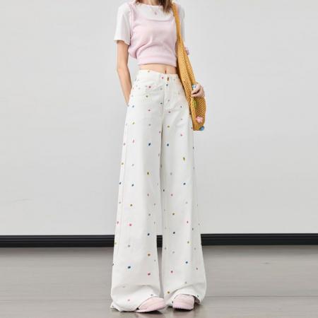 BY13137# 多巴胺胖mm高腰春夏季白色刺绣阔腿牛仔裤女宽松显瘦拖地直筒裤 服裝批發女裝批發服飾貨源