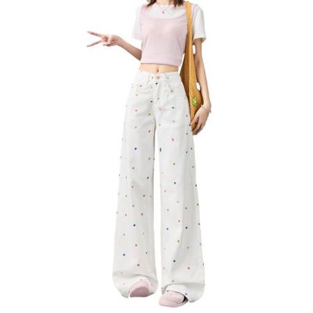 BY13137# 多巴胺胖mm高腰春夏季白色刺绣阔腿牛仔裤女宽松显瘦拖地直筒裤 服裝批發女裝批發服飾貨源