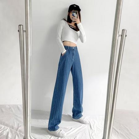 BY13138# 牛仔裤春夏乔小主阔腿裤女士垂感宽松显瘦提花高腰直筒牛仔裤子 服裝批發女裝批發服飾貨源