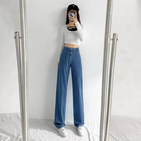 BY13138# 牛仔裤春夏乔小主阔腿裤女士垂感宽松显瘦提花高腰直筒牛仔裤子 服裝批發女裝批發服飾貨源