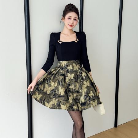 BY13139# 春款大码方领拼接提花设计感复古法式高级显瘦连衣裙 服裝批發女裝批發服飾貨源