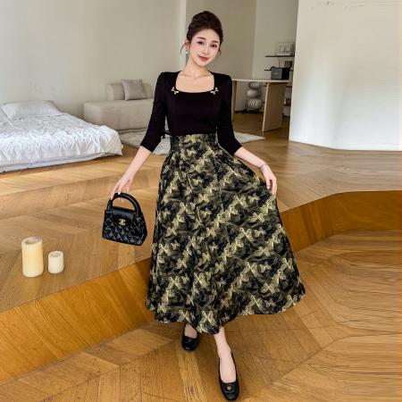 BY13139# 春款大码方领拼接提花设计感复古法式高级显瘦连衣裙 服裝批發女裝批發服飾貨源