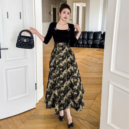 BY13139# 春款大码方领拼接提花设计感复古法式高级显瘦连衣裙 服裝批發女裝批發服飾貨源