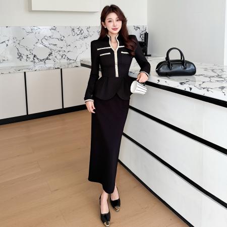 BY13140# 春款大码气质V领荷叶边赫本风上衣半身裙遮肉显瘦两件套 服裝批發女裝批發服飾貨源