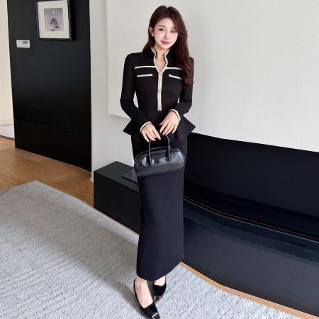 BY13140# 春款大码气质V领荷叶边赫本风上衣半身裙遮肉显瘦两件套 服裝批發女裝批發服飾貨源