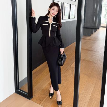 BY13140# 春款大码气质V领荷叶边赫本风上衣半身裙遮肉显瘦两件套 服裝批發女裝批發服飾貨源