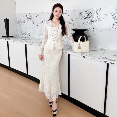 BY13141# 春款蕾丝V领优雅烫钻法式气质鱼尾裙两件套 服裝批發女裝批發服飾貨源