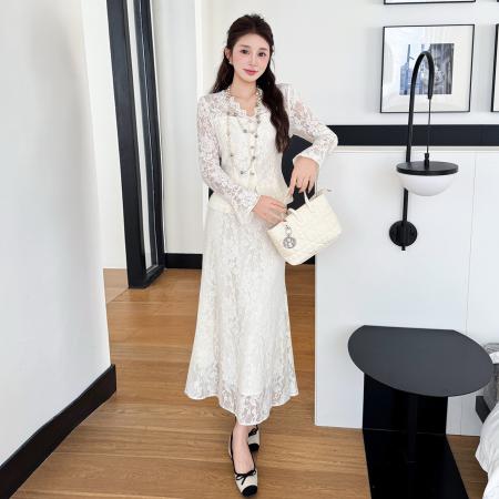 BY13141# 春款蕾丝V领优雅烫钻法式气质鱼尾裙两件套 服裝批發女裝批發服飾貨源