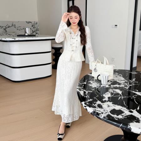 BY13141# 春款蕾丝V领优雅烫钻法式气质鱼尾裙两件套 服裝批發女裝批發服飾貨源