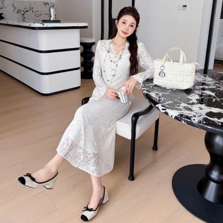 BY13141# 春款蕾丝V领优雅烫钻法式气质鱼尾裙两件套 服裝批發女裝批發服飾貨源