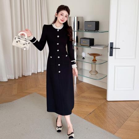 BY13142# 春款大码赫本风气质钉珠优雅显瘦长款连衣裙 服裝批發女裝批發服飾貨源