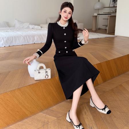 BY13142# 春款大码赫本风气质钉珠优雅显瘦长款连衣裙 服裝批發女裝批發服飾貨源