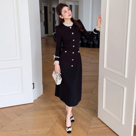 BY13142# 春款大码赫本风气质钉珠优雅显瘦长款连衣裙 服裝批發女裝批發服飾貨源