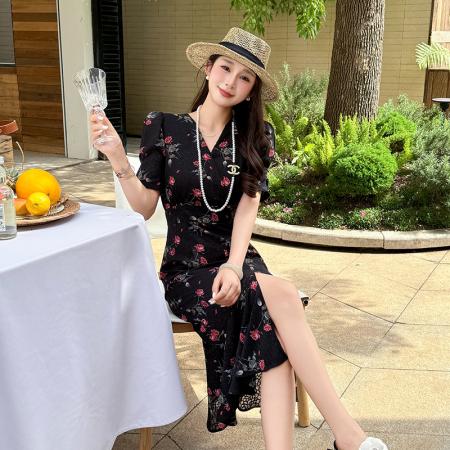 BY13143# 夏碎花V领中长包臀鱼尾气质开叉连衣裙 服裝批發女裝批發服飾貨源