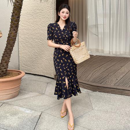 BY13146# 夏季新款碎花淑女气质通勤气质鱼尾开叉连衣裙 服裝批發女裝批發服飾貨源
