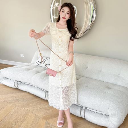 BY13147# 夏季轻奢亮片蕾丝气质法式重工中长款连衣裙 服裝批發女裝批發服飾貨源