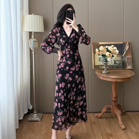 BY13148# 春季雪纺大码碎花V领法式印花气质长款系带高腰连衣裙 服裝批發女裝批發服飾貨源