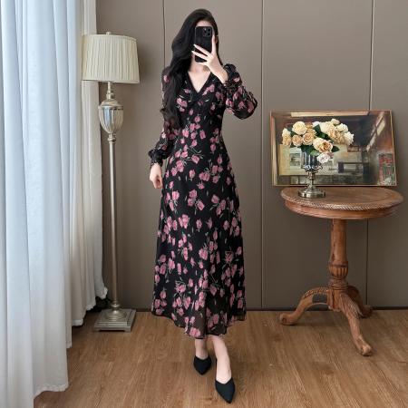 BY13148# 春季雪纺大码碎花V领法式印花气质长款系带高腰连衣裙 服裝批發女裝批發服飾貨源