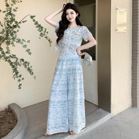 BY13149# 夏季超火巨好看重工刺绣小香风蕾丝上衣阔腿裤两件套 服裝批發女裝批發服飾貨源