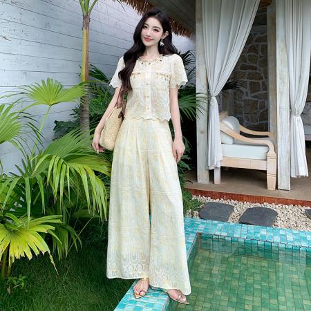 BY13149# 夏季超火巨好看重工刺绣小香风蕾丝上衣阔腿裤两件套 服裝批發女裝批發服飾貨源