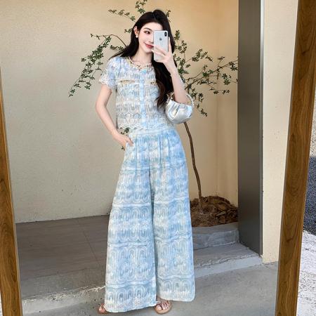 BY13149# 夏季超火巨好看重工刺绣小香风蕾丝上衣阔腿裤两件套 服裝批發女裝批發服飾貨源