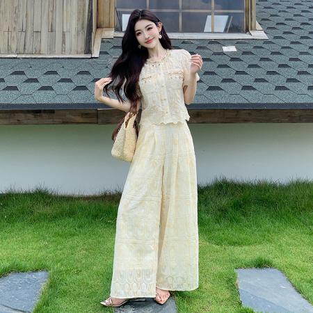 BY13149# 夏季超火巨好看重工刺绣小香风蕾丝上衣阔腿裤两件套 服裝批發女裝批發服飾貨源