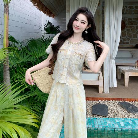 BY13149# 夏季超火巨好看重工刺绣小香风蕾丝上衣阔腿裤两件套 服裝批發女裝批發服飾貨源