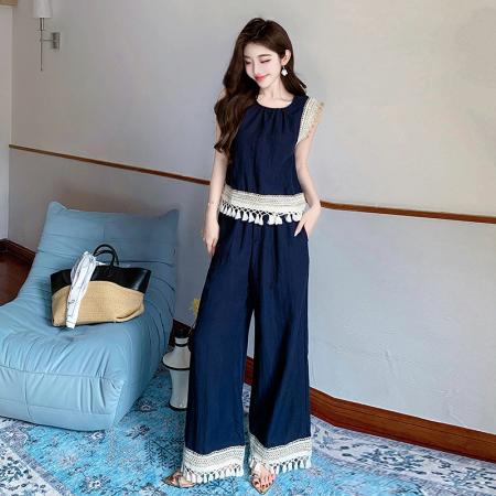 BY13154# 夏波西米亚风流苏拼接天丝牛仔度假风背心阔腿裤两件套 服裝批發女裝批發服飾貨源