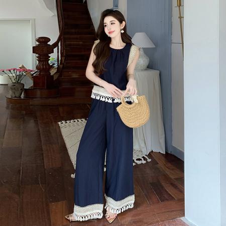 BY13154# 夏波西米亚风流苏拼接天丝牛仔度假风背心阔腿裤两件套 服裝批發女裝批發服飾貨源