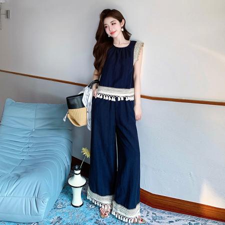 BY13154# 夏波西米亚风流苏拼接天丝牛仔度假风背心阔腿裤两件套 服裝批發女裝批發服飾貨源