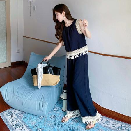 BY13154# 夏波西米亚风流苏拼接天丝牛仔度假风背心阔腿裤两件套 服裝批發女裝批發服飾貨源