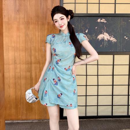 BY13155# 夏季新中式国风改旗袍套装连衣裙短裤两件套 服裝批發女裝批發服飾貨源