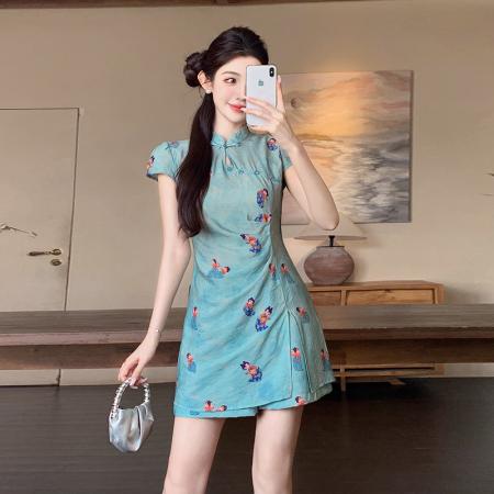 BY13155# 夏季新中式国风改旗袍套装连衣裙短裤两件套 服裝批發女裝批發服飾貨源