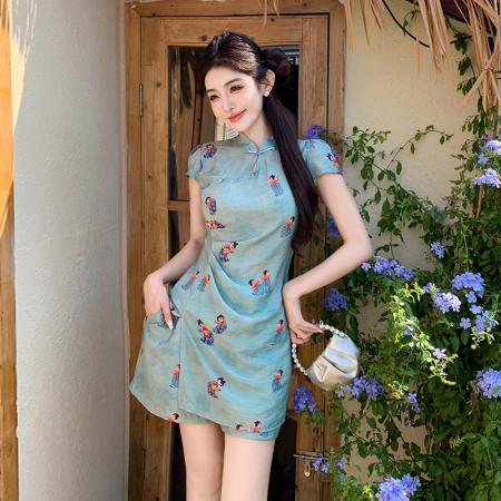BY13155# 夏季新中式国风改旗袍套装连衣裙短裤两件套 服裝批發女裝批發服飾貨源