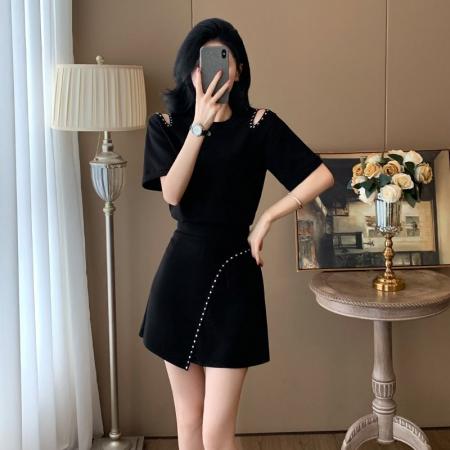 BY13158# 夏季新款赫本风高级感时尚套装设计感短袖上衣短裙两件套 服裝批發女裝批發服飾貨源